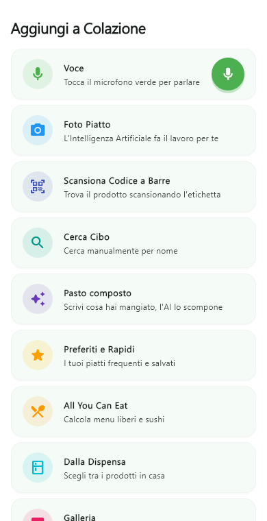 Real NUTRIMI screen showing the available meal-entry methods