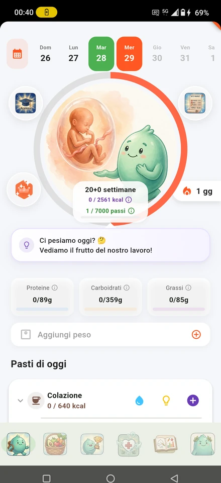 NUTRIMI home screen in pregnancy mode: gestational week, requirements and development