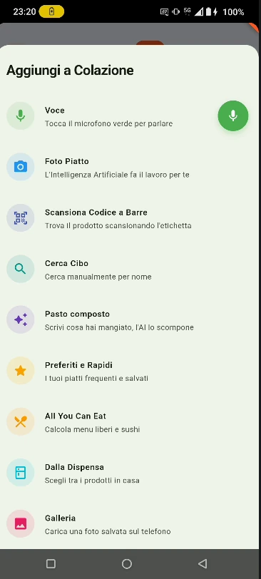 Meal entry menu: voice, plate photo, barcode, search, composed meal, pantry