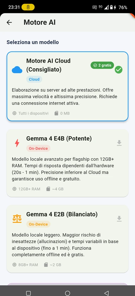 AI engine screen: choose between the cloud model and two on-device Gemma models with RAM requirements and download size