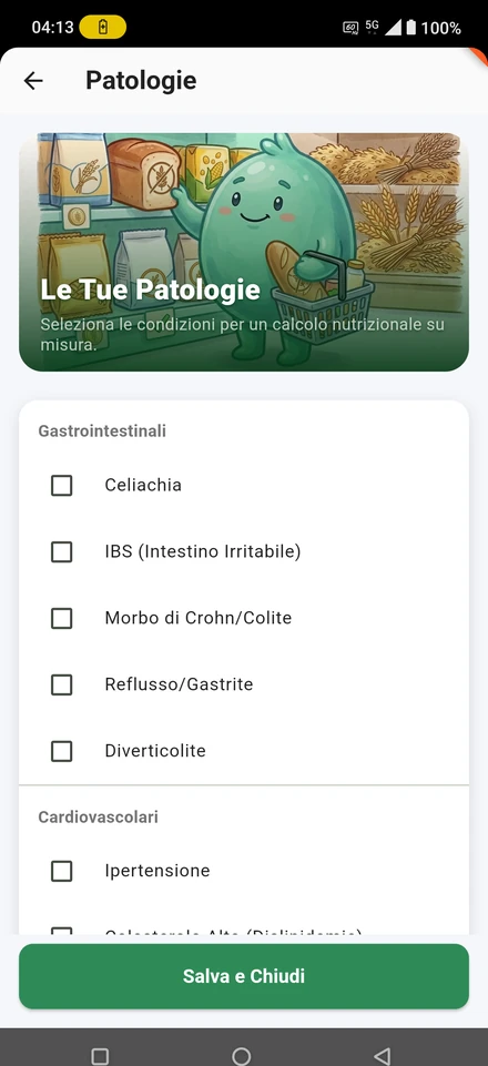 NUTRIMI conditions screen with coeliac disease, IBS, Crohn, reflux and diverticulitis to select