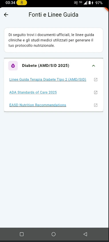 Sources and guidelines screen listing the clinical documents behind the nutrition protocol