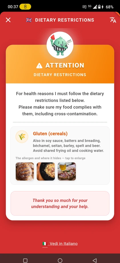 The same dietary restriction card in English