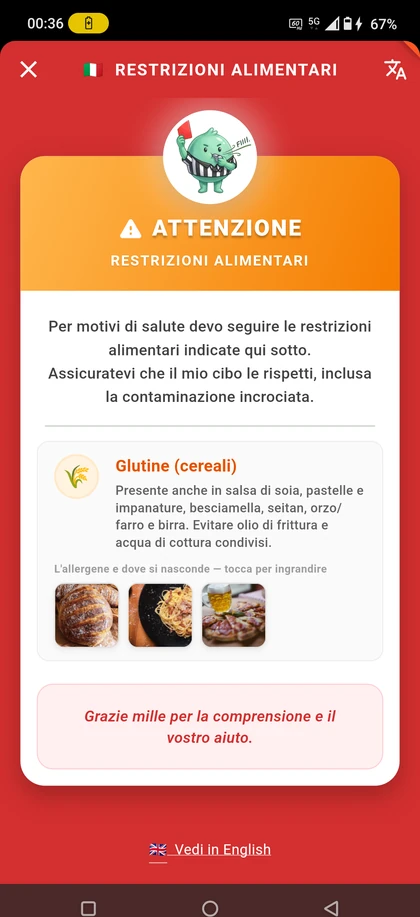 Dietary restriction card in Italian, showing gluten and the foods it hides in
